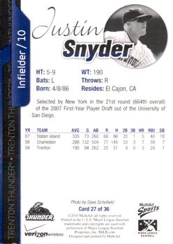 2010 MultiAd Trenton Thunder #27 Justin Snyder Back