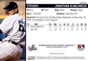 2010 Choice Scranton/Wilkes-Barre Yankees #1 Jonathan Albaladejo Back