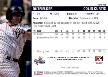 2010 Choice Scranton/Wilkes-Barre Yankees #3 Colin Curtis Back