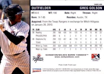 2010 Choice Scranton/Wilkes-Barre Yankees #5 Greg Golson Back