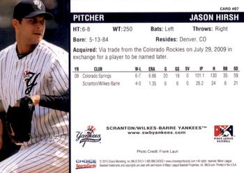 2010 Choice Scranton/Wilkes-Barre Yankees #7 Jason Hirsh Back
