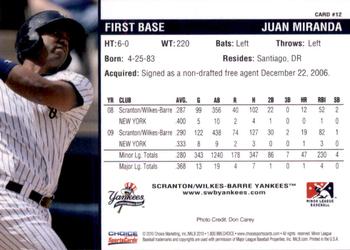 2010 Choice Scranton/Wilkes-Barre Yankees #12 Juan Miranda Back
