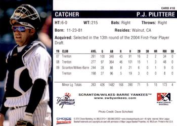 2010 Choice Scranton/Wilkes-Barre Yankees #18 P.J. Pilittere Back