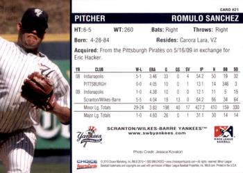 2010 Choice Scranton/Wilkes-Barre Yankees #21 Romulo Sanchez Back