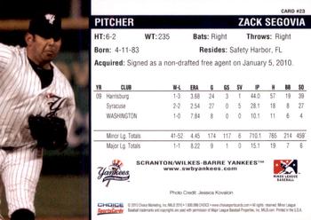 2010 Choice Scranton/Wilkes-Barre Yankees #23 Zack Segovia Back