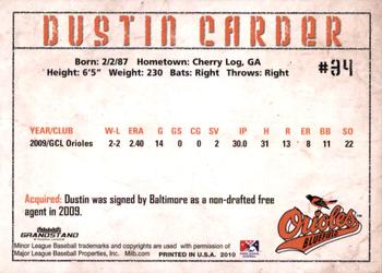 2010 Grandstand Bluefield Orioles #NNO Dustin Carder Back