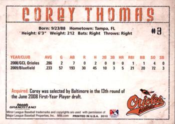 2010 Grandstand Bluefield Orioles #NNO Corey Thomas Back