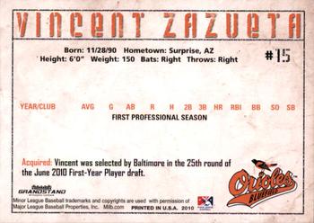 2010 Grandstand Bluefield Orioles #NNO Vincent Zazueta Back