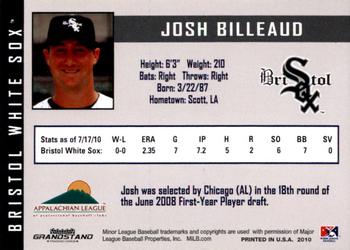 2010 Grandstand Bristol White Sox #NNO Josh Billeaud Back