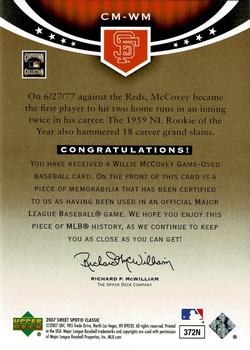 2007 Upper Deck Sweet Spot Classic - Classic Memorabilia Patch #CM-WM Willie McCovey Back