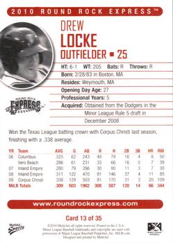 2010 MultiAd Round Rock Express #13 Drew Locke Back