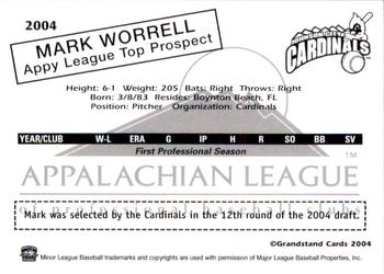 2004 Grandstand Appalachian League Top Prospects #NNO Mark Worrell Back