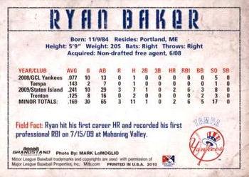 2010 Grandstand Tampa Yankees #NNO Ryan Baker Back
