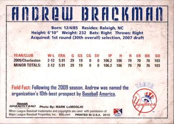 2010 Grandstand Tampa Yankees #NNO Andrew Brackman Back