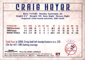2010 Grandstand Tampa Yankees #NNO Craig Heyer Back