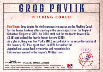 2010 Grandstand Tampa Yankees #NNO Greg Pavlik Back