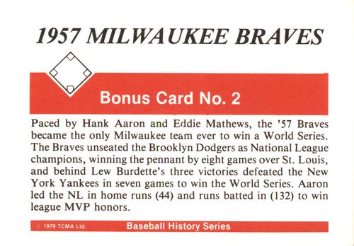 1979 TCMA The 1950’s - Bonus Team Cards #2 1957 Milwaukee Braves Back