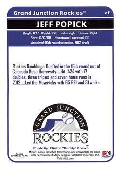 2012 Grandstand Grand Junction Rockies Subway #NNO Jeff Popick Back