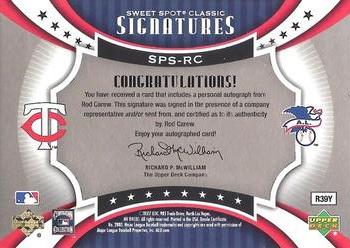 2007 Upper Deck Sweet Spot Classic - Signatures Silver Stitch Black Ink #SPS-RC Rod Carew Back