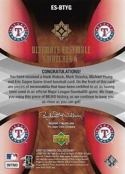 2007 Upper Deck Ultimate Collection - Ultimate Ensemble Quad Swatches #ES-BTYG Hank Blalock / Mark Teixeira / Michael Young / Eric Gagne Back