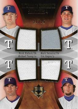 2007 Upper Deck Ultimate Collection - Ultimate Ensemble Quad Swatches #ES-BTYG Hank Blalock / Mark Teixeira / Michael Young / Eric Gagne Front