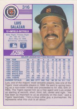 1989 Score - Promos #316 Luis Salazar Back