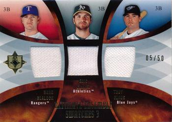 2007 Upper Deck Ultimate Collection - Ultimate Ensemble Triple Swatches #ES-BCG Hank Blalock / Eric Chavez / Troy Glaus Front