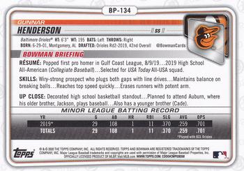 2020 Bowman - Prospects #BP-134 Gunnar Henderson Back