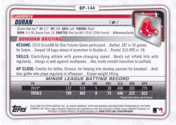 2020 Bowman - Prospects #BP-144 Jarren Duran Back