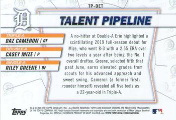 2020 Bowman - Chrome Talent Pipeline #TP-DET Daz Cameron / Riley Greene / Casey Mize Back