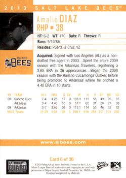 2010 MultiAd Salt Lake Bees #6 Amalio Diaz Back