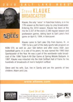 2010 MultiAd Salt Lake Bees #34 Steve Klauke Back