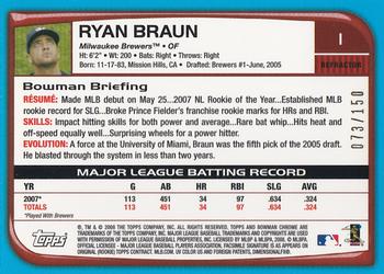 2008 Bowman Chrome - Blue Refractors #1 Ryan Braun Back