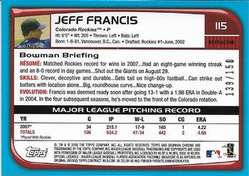 2008 Bowman Chrome - Blue Refractors #115 Jeff Francis Back