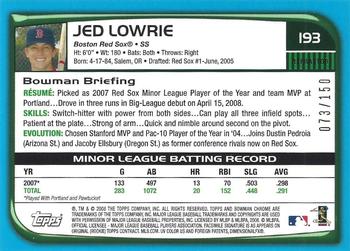 2008 Bowman Chrome - Blue Refractors #193 Jed Lowrie Back