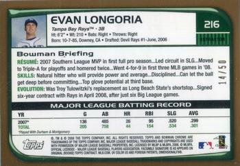 2008 Bowman Chrome - Gold Refractors #216 Evan Longoria Back