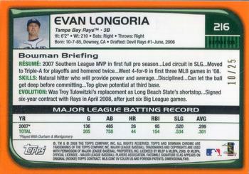 2008 Bowman Chrome - Orange Refractors #216 Evan Longoria Back