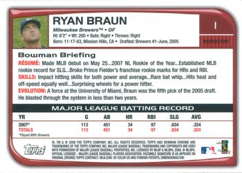 2008 Bowman Chrome - Refractors #1 Ryan Braun Back