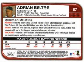 2008 Bowman Chrome - Refractors #27 Adrian Beltre Back