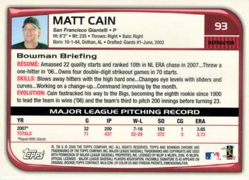 2008 Bowman Chrome - Refractors #93 Matt Cain Back