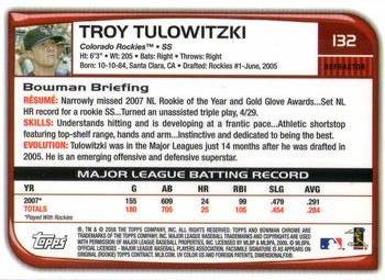 2008 Bowman Chrome - Refractors #132 Troy Tulowitzki Back
