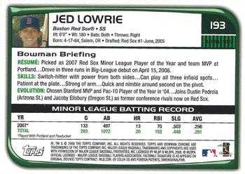 2008 Bowman Chrome - Refractors #193 Jed Lowrie Back