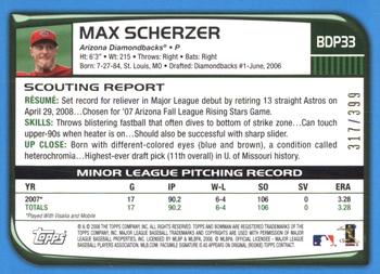 2008 Bowman Draft Picks & Prospects - Blue #BDP33 Max Scherzer Back