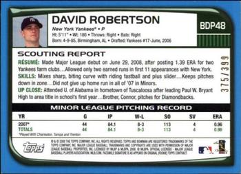 2008 Bowman Draft Picks & Prospects - Blue #BDP48 David Robertson Back