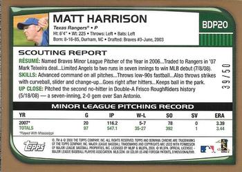 2008 Bowman Draft Picks & Prospects - Chrome Gold Refractors #BDP20 Matt Harrison Back