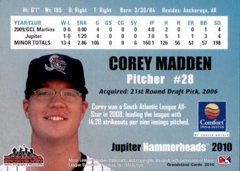 2010 Grandstand Jupiter Hammerheads #NNO Corey Madden Back