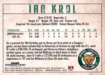 2010 Grandstand Kane County Cougars #NNO Ian Krol Back