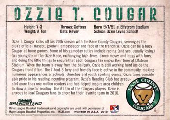 2010 Grandstand Kane County Cougars #NNO Ozzie T. Cougar Back