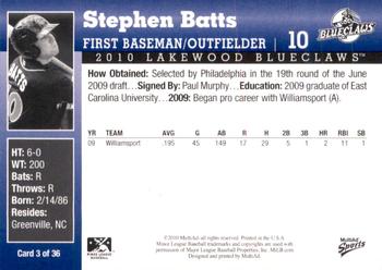 2010 MultiAd Lakewood BlueClaws #3 Stephen Batts Back