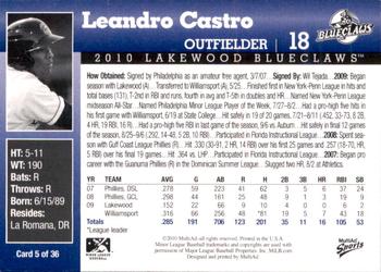 2010 MultiAd Lakewood BlueClaws #5 Leandro Castro Back